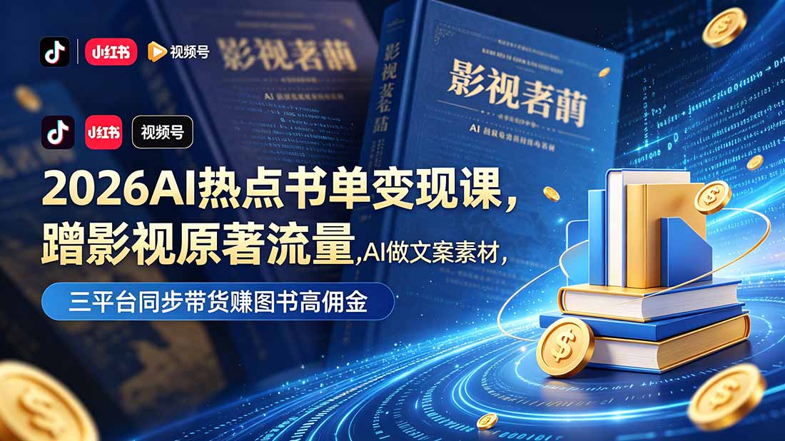 2026AI热点书单变现课，蹭影视原著流量，AI做文案素材，三平台同步带货赚图书高佣金-独家科技资源网