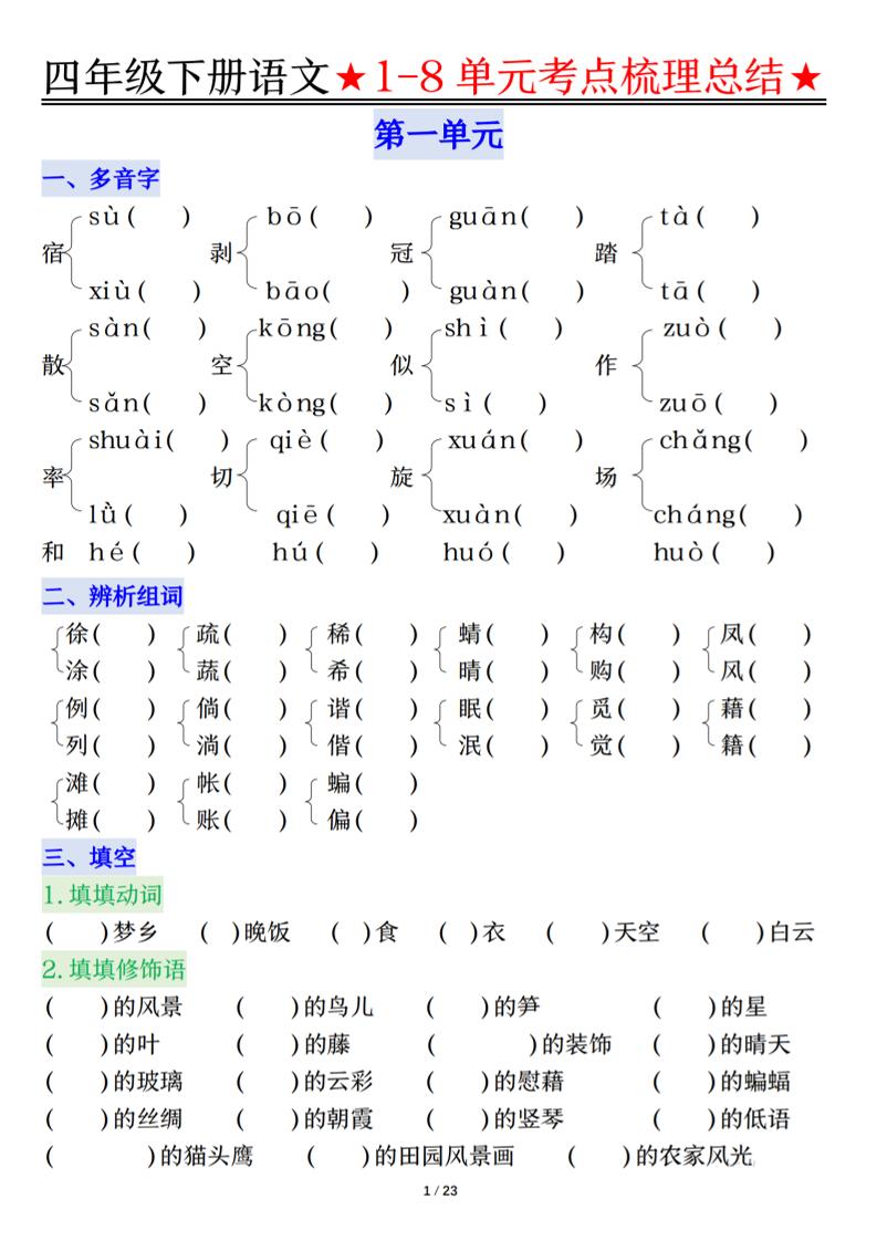 26春四年级下语文1-8单元知识复习要点-独家科技资源网