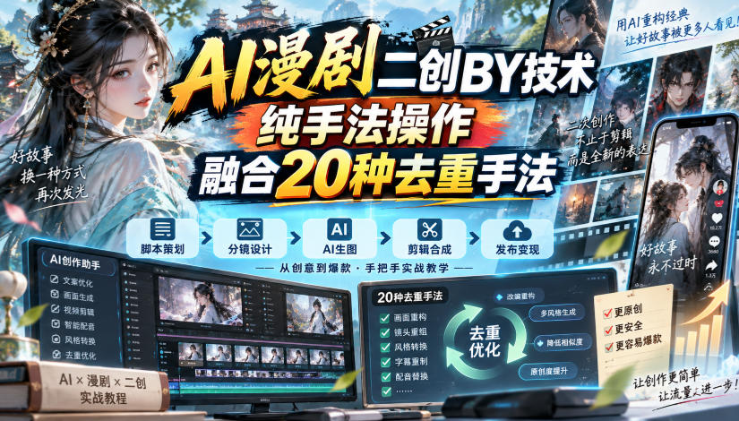AI漫剧二创搬运技术,纯手法操作,融合20种去重手法-独家科技资源网