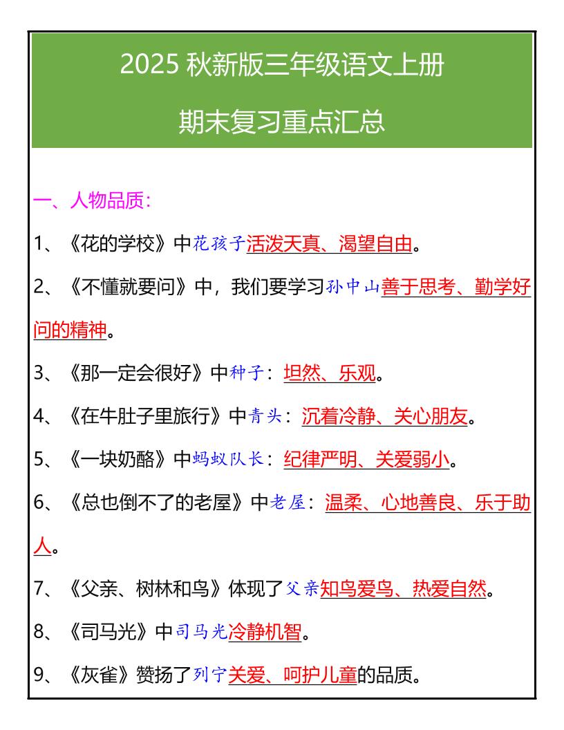 【2025秋新版】三年级语文上册期末复习重点汇总-独家科技资源网