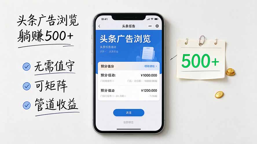 头条广告浏览躺赚500+无需值守，可矩阵并附有管道收益-独家科技资源网