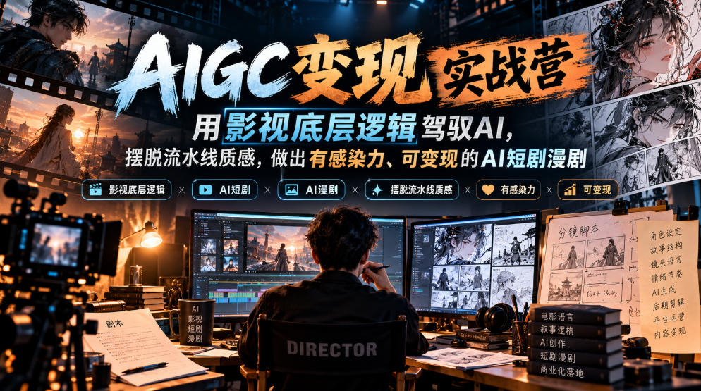 AIGC变现实战营,用影视底层逻辑驾驭AI,摆脱流水线质感,做出有感染力、可变现的AI短剧漫剧-独家科技资源网