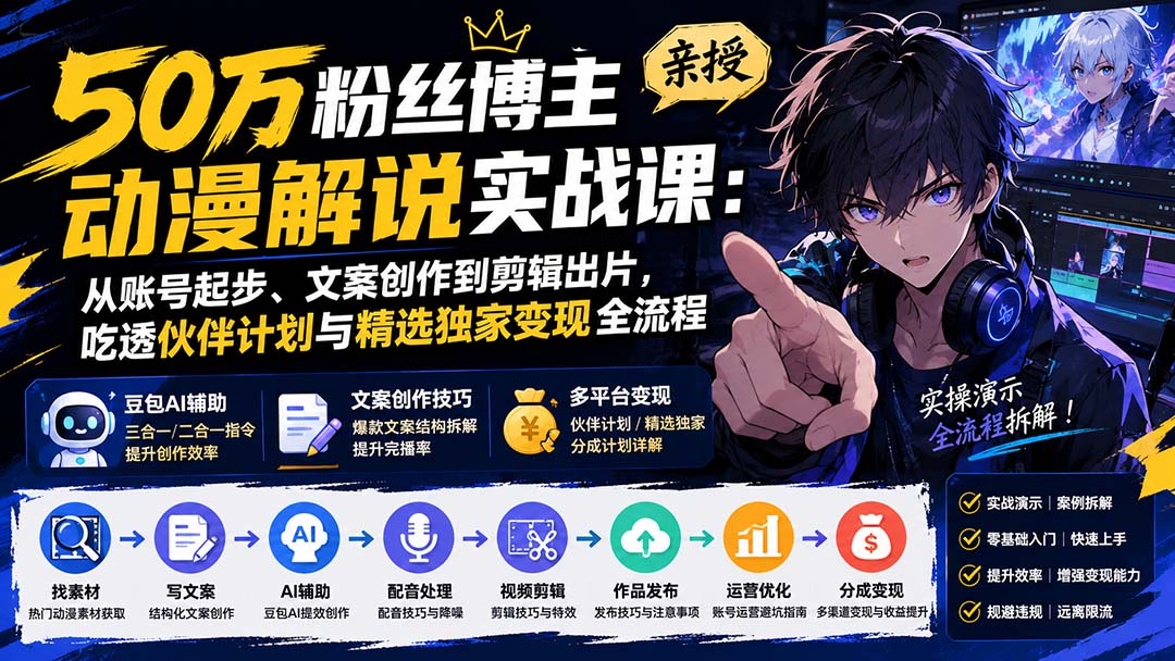 50万粉丝博主亲授动漫解说实战课：从账号起步、文案创作到剪辑出片，吃透伙伴计划与精选独家变现全流程-独家科技资源网