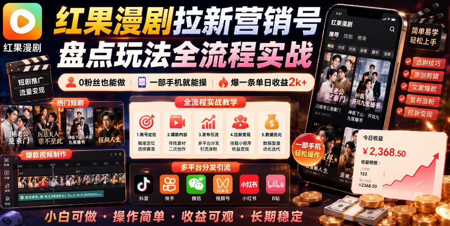 红果漫剧拉新营销号盘点玩法全流程实战，0粉丝也能做，一部手机就能做，爆一条单日收益2k+(更新0922)-独家科技资源网