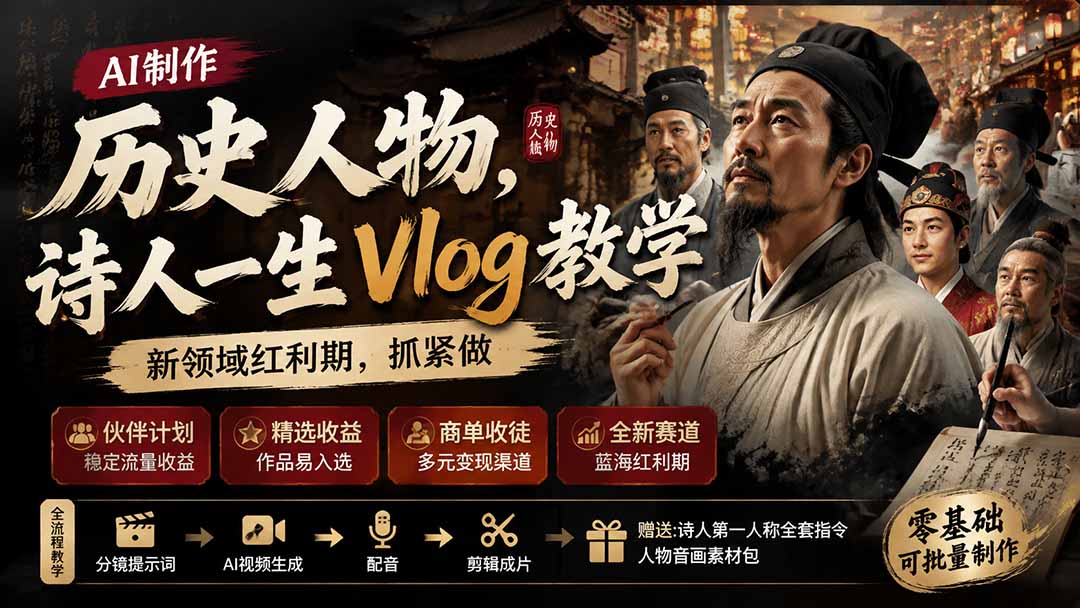 历史人物，诗人一生Vlog教学， AI制作丨伙伴计划丨精选收益丨商单收徒 ，新领域红利期，抓紧做-独家科技资源网
