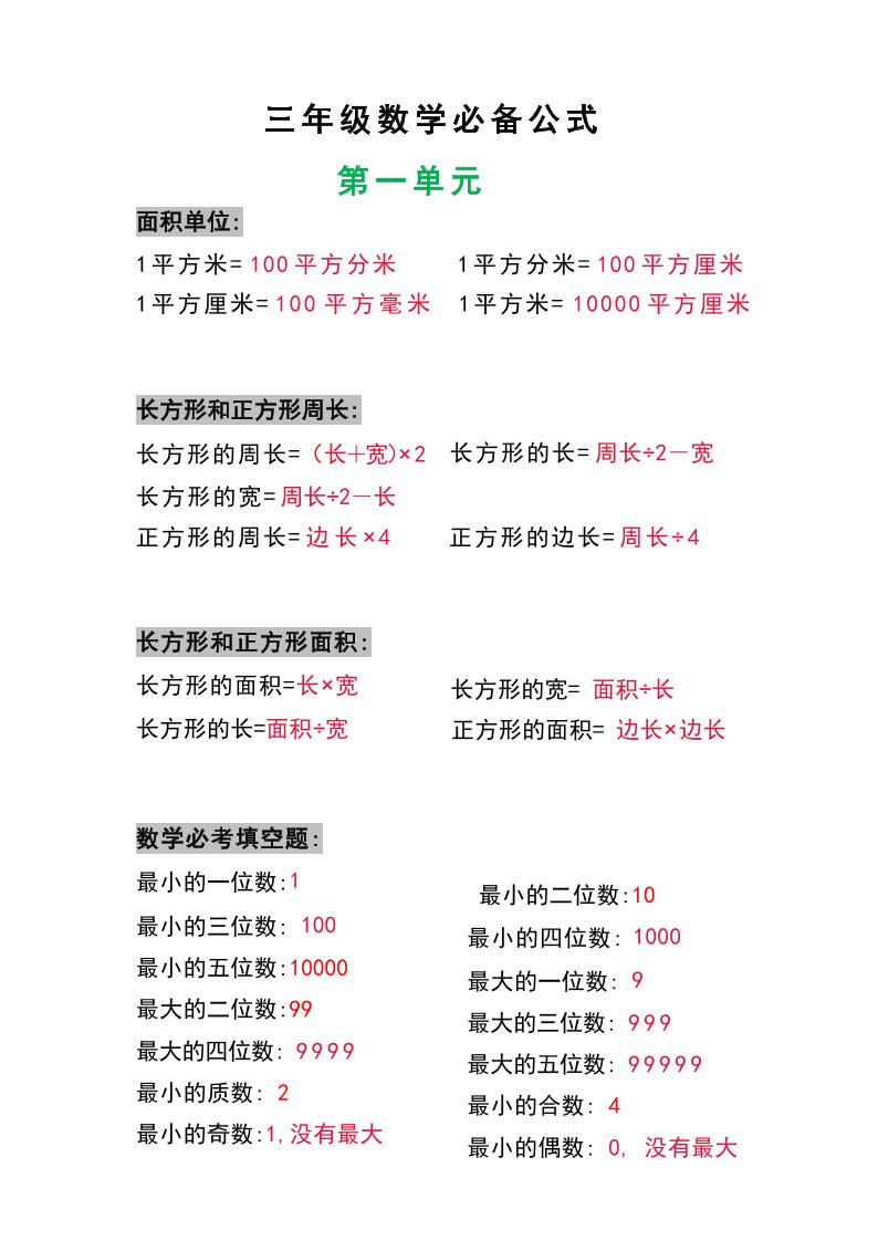 三年级数学上册必背公式-独家科技资源网