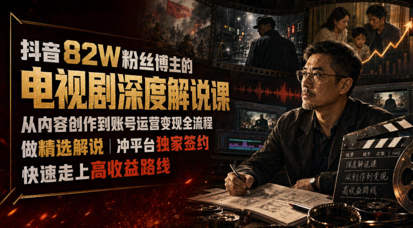 抖音82W粉丝博主的电视剧深度解说课，从内容创作到账号运营变现全流程，做精选解说，冲平台独家签约，快速走上高收益路线-独家科技资源网