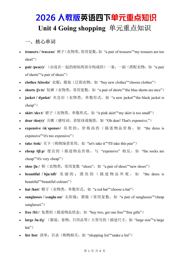四年级下英语Unit4重点知识汇总《人教版PEP》-独家科技资源网