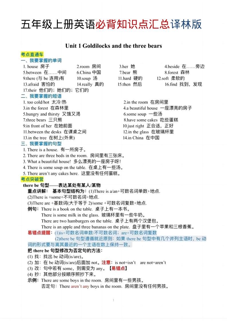 五年级上英语必背知识单《译林版》-独家科技资源网