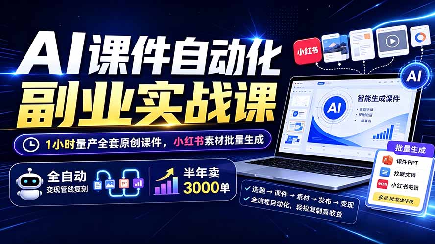 AI课件自动化副业实战课:1小时量产全套原创课件×小红书素材批量生成×全自动变现管线×半年卖3000单-独家科技资源网