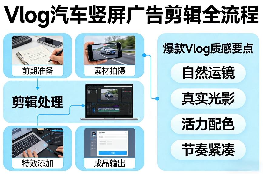 Vlog感觉汽车竖屏广告剪辑脚本全流程，拿捏爆款Vlog质感-独家科技资源网
