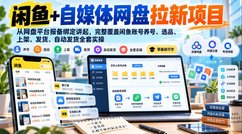 闲鱼+自媒体网盘拉新项目,从网盘平台报备绑定讲起,完整覆盖闲鱼账号养号、选品、上架、发货、自动发货全套实操-独家科技资源网
