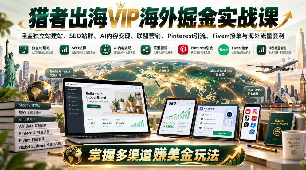 猎者出海VIP海外掘金实战课：涵盖独立站、SEO站群、AI变现、联盟营销、Pinterest引流、Fiverr接单与海外流量套利，掌握多渠道賺美金玩法-独家科技资源网