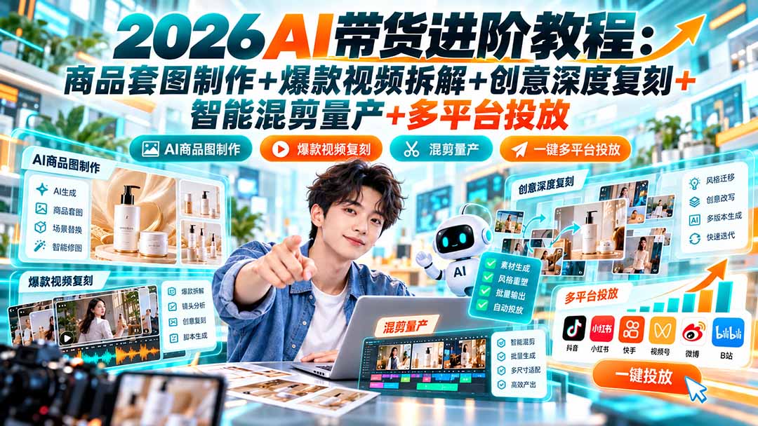 2026AI带货进阶教程：商品套图制作+爆款视频拆解+创意深度复刻+智能混剪量产+多平台投放-独家科技资源网