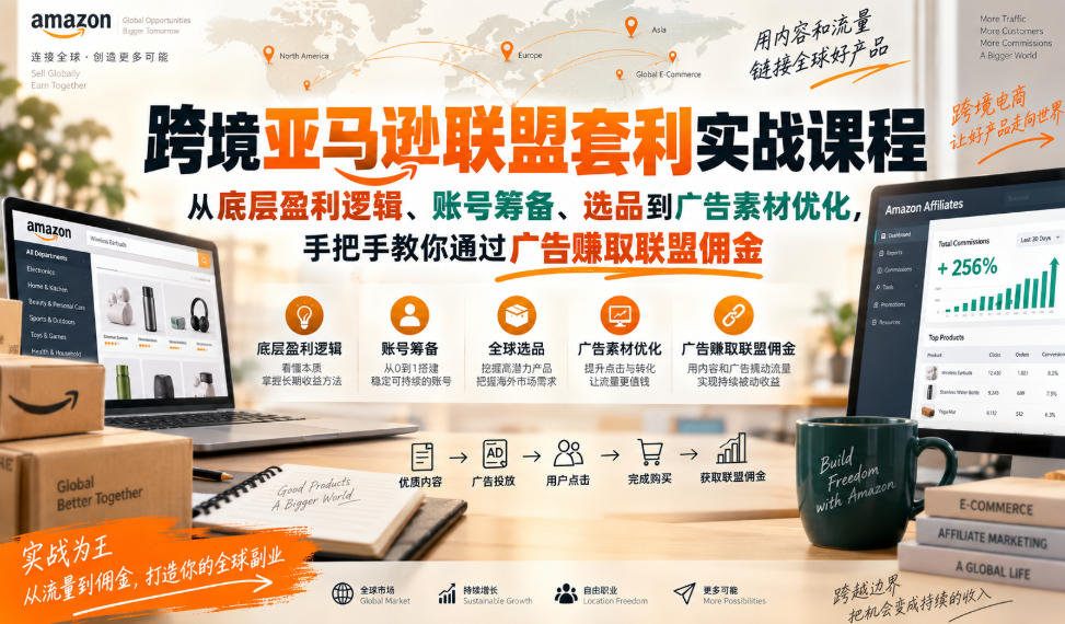 跨境亚马逊联盟套利实战课程，从底层盈利逻辑、账号筹备、选品到广告素材优化，手把手教你通过广告賺取联盟佣金-独家科技资源网