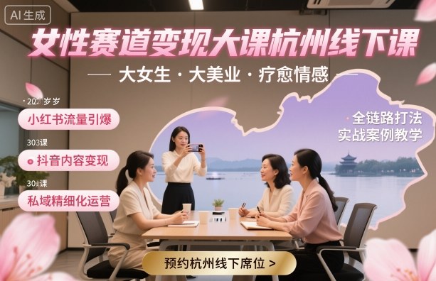 女性赛道变现大课杭州线下，大女生，大美业，疗愈情感，一套小红书、抖音、私域全链路打法-独家科技资源网