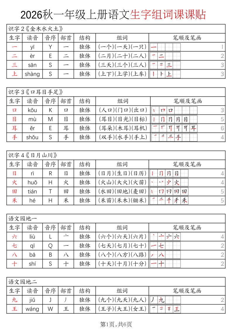 2026秋一年级上语文暑假预习《生字组词课课贴》-独家科技资源网