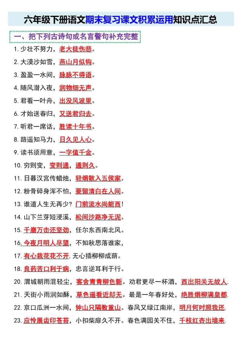 六年级下语文期末复习课文积累运用知识点汇总-独家科技资源网