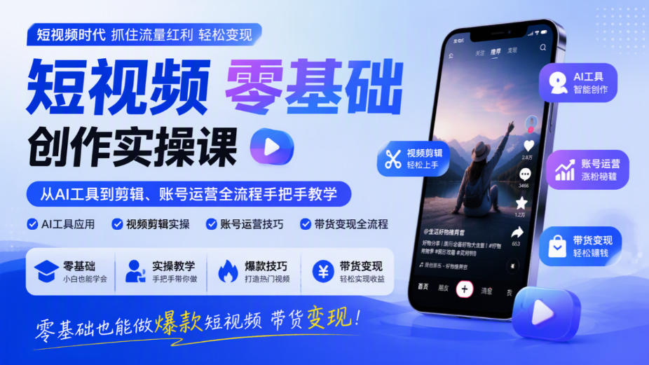短视频零基础创作实操课，从AI工具到剪辑、账号运营全流程手把手教学，零基础也能做爆款短视频带货变现-独家科技资源网