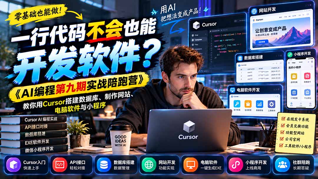 一行代码不会也能开发软件?《AI编程第九期实战陪跑营》教你用Cursor搭建数据库、制作网站、电脑软件与小程序-独家科技资源网