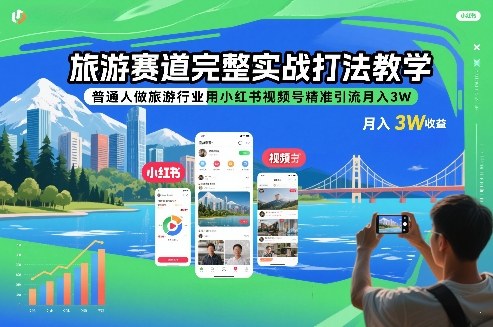 旅游赛道完整实战打法教学，普通人做旅游行业用小红书视频号精准引流月入3W-独家科技资源网