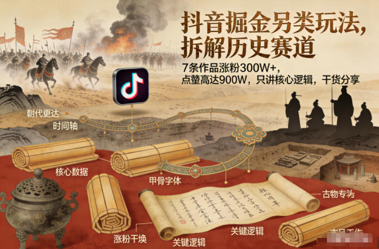 抖音掘金另类玩法，拆解历史赛道，7条作品涨粉300W+，点赞量高达900W，只讲核心逻辑，干货分享-独家科技资源网