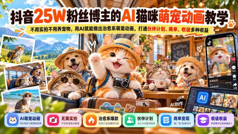 抖音25W粉丝博主的AI猫咪萌宠动画教学,不用实拍不用养宠物,用AI就能做出治愈系萌宠动画,打通伙伴计划、商单、收徒多种收益-独家科技资源网