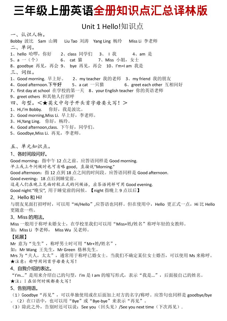 三年级上英语知识点汇总《译林版》-独家科技资源网