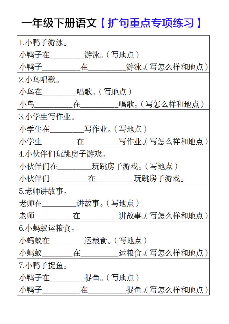 一年级下册语文扩句重点专项练习-独家科技资源网