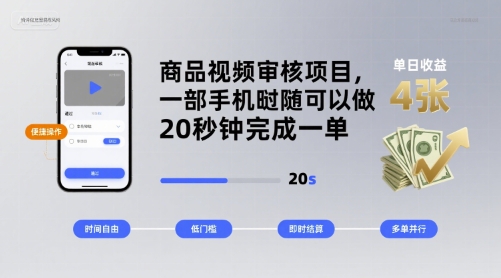 商品视频审核项目，一部手机随时随地都可以做，20秒钟完成一单，单日收益 4张【揭秘】-独家科技资源网
