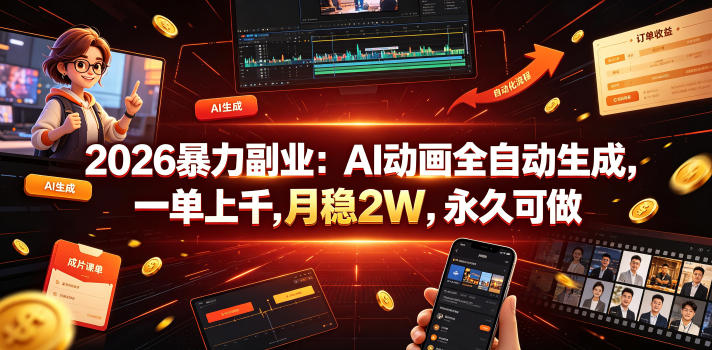 2026暴力副业：AI动画全自动生成，一单上千，月稳2W，永久可做【揭秘】-独家科技资源网