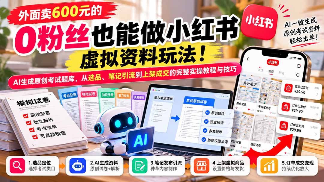 外面卖600元的 零粉丝也能做小红书虚拟资料玩法！AI生成原创考试题库，从选品、笔记引流到上架成交的完整实操教程-独家科技资源网