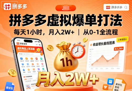 拼多多虚拟爆单打法，每天1小时，月入2W+，从0-1全流程-独家科技资源网