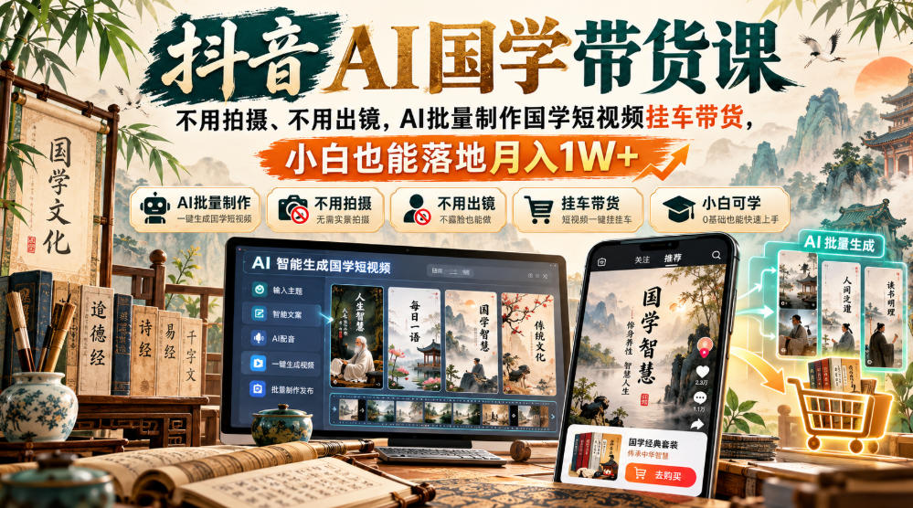 抖音AI国学带货课，不用拍摄、不用出镜，AI批量制作国学短视频挂车带货，小白也能落地月入1W+-独家科技资源网