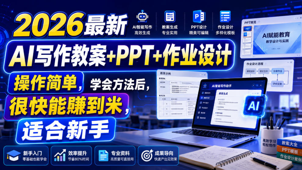 2026最新AI写作教案+PPT+作业设计,操作简单,学会方法后,很快能賺到米,适合新手-独家科技资源网
