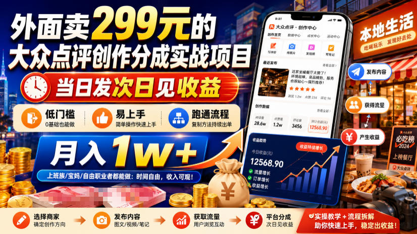 外面卖299元的大众点评创作分成实战项目，当日发次日见收益，低门槛易上手，跑通流程月入1w+-独家科技资源网
