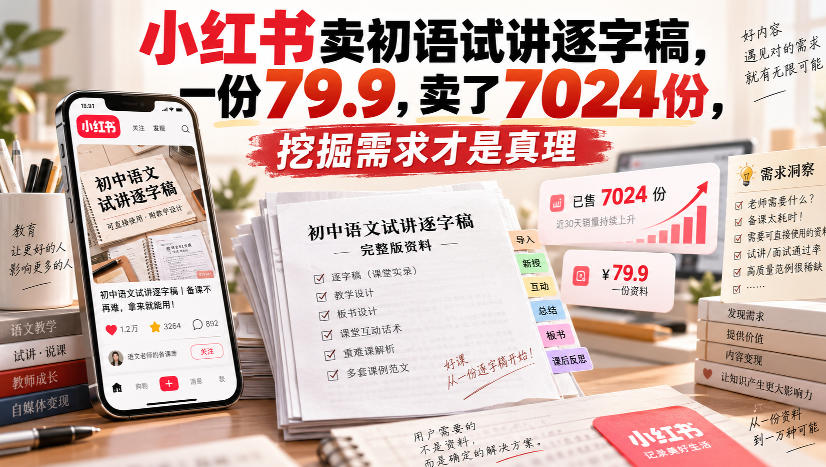 小红书卖初语试讲逐字稿，一份79.9，卖了7024份，挖掘需求才是真理-独家科技资源网