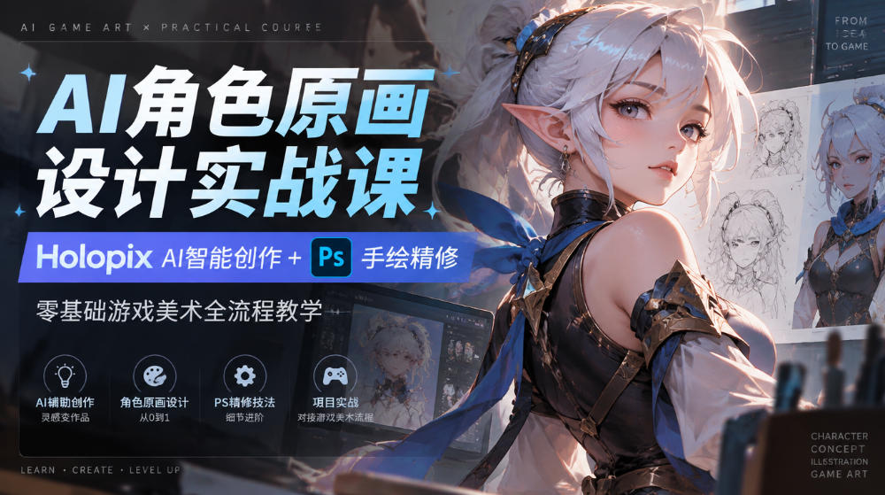 AI角色原画设计实战课｜Holopix AI智能创作+PS手绘精修，零基础游戏美术全流程教学-独家科技资源网