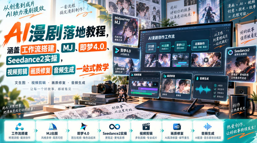 AI漫剧落地教程，涵盖工作流搭建、MJ、即梦4.0、Seedance2实操，视频剪辑画质修复音频生成一站式教学-独家科技资源网
