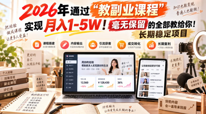 2026年通过“教副业课程”实现月入1-5W！毫无保留的全部教给你！长期稳定项目-独家科技资源网