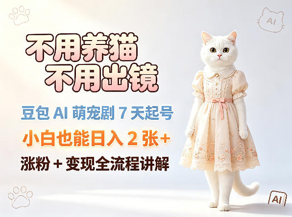 不用养猫不用出镜，豆包AI萌宠剧7天起号，小白也能日入2张+，涨粉+变现全流程讲解-独家科技资源网