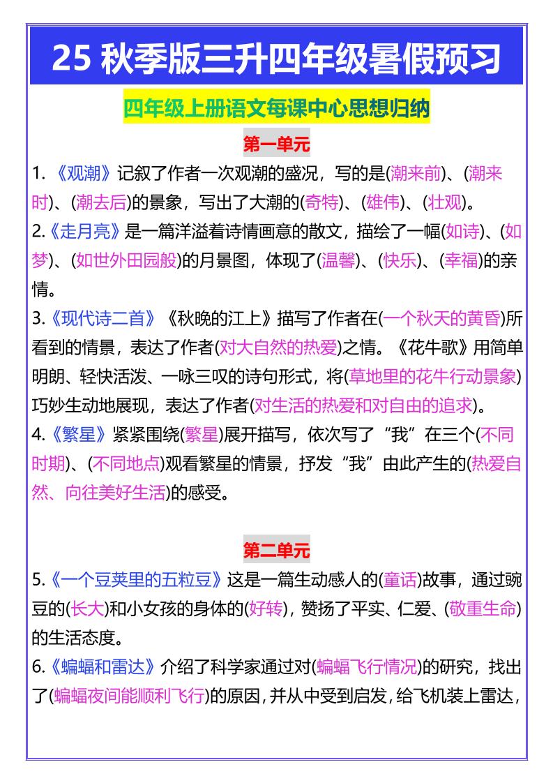 【2025秋新版】四年级上册语文每课中心思想归纳-独家科技资源网