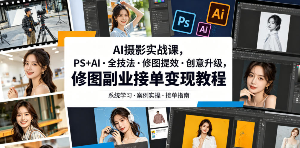 AI摄影实战课，PS+AI・全技法・修图提效・创意升级，修图副业接单变现教程-独家科技资源网