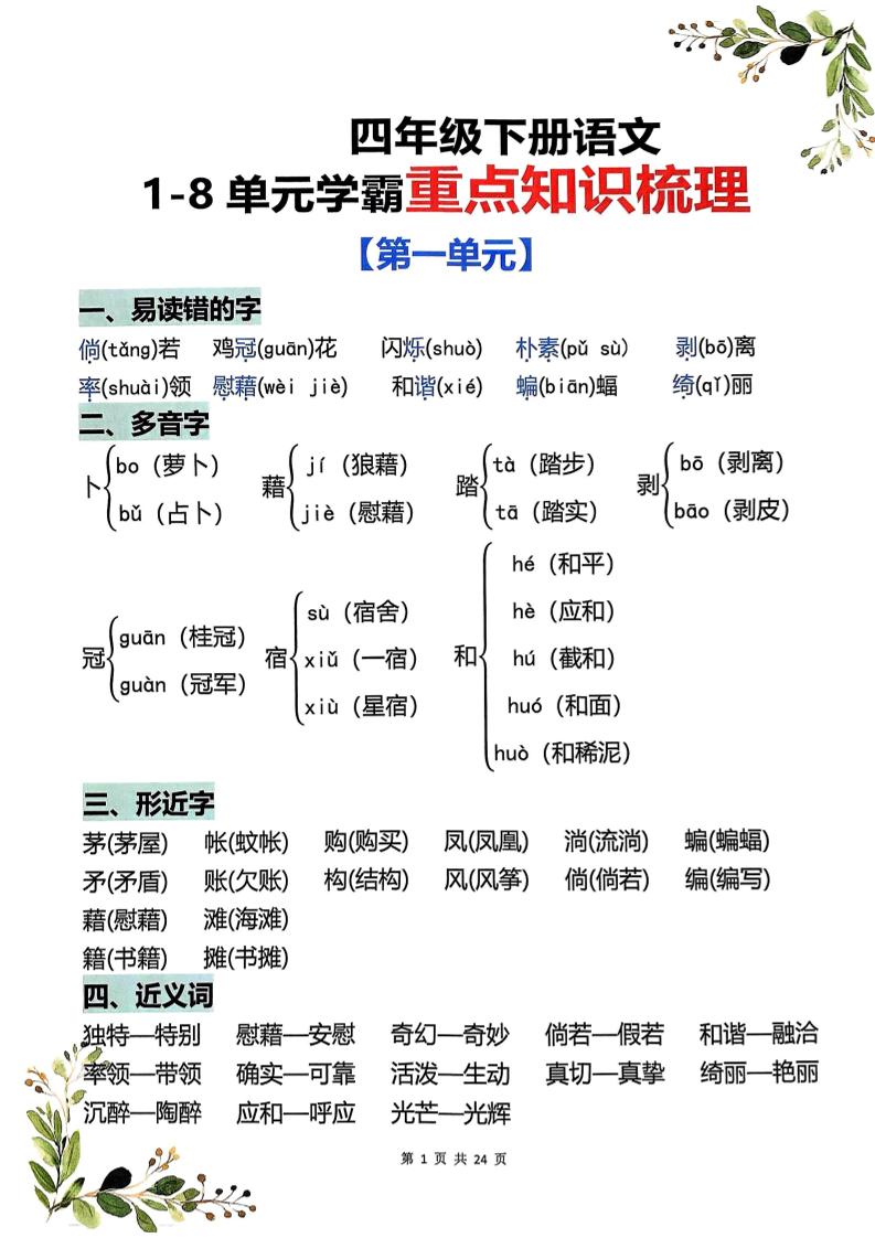 四年级下语文1-8单元学霸重点知识梳理-独家科技资源网