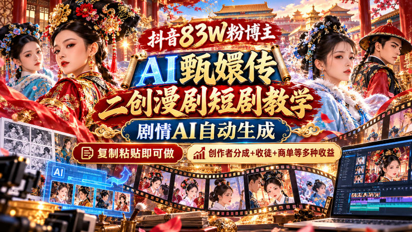 抖音83W粉博主AI甄嬛传二创漫剧短剧教学｜剧情AI自动生成，复制粘贴即可做，各大平台创作者分成+收徒等多种收益-独家科技资源网