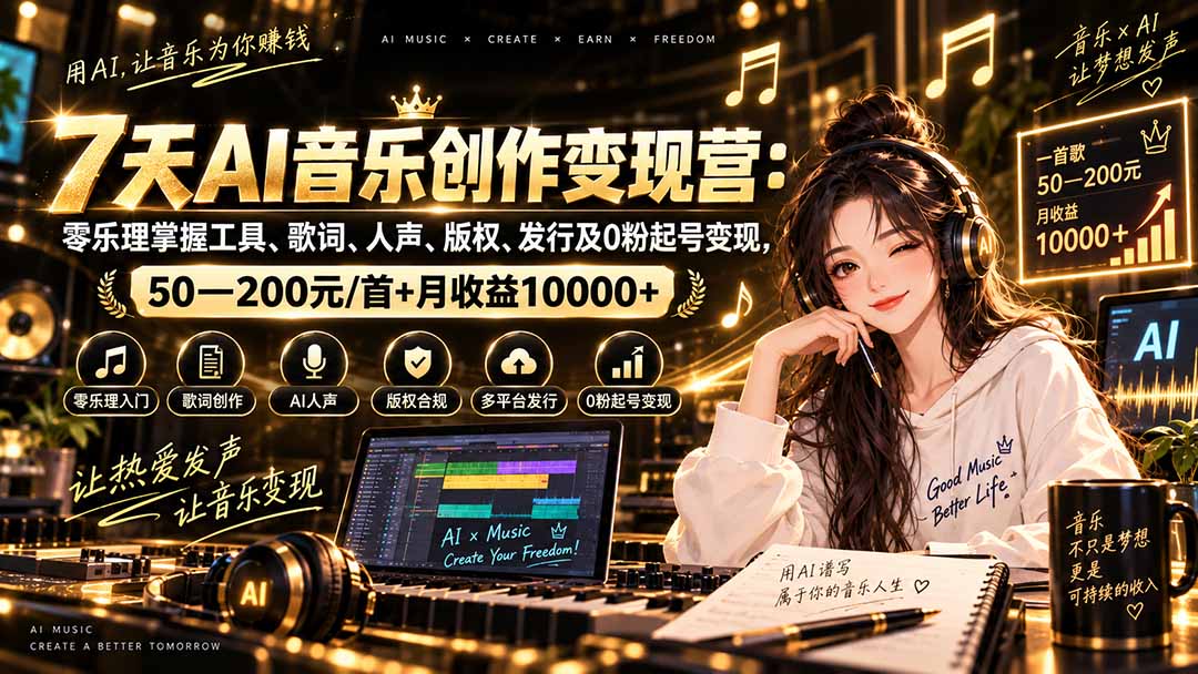 AI音乐创作变现营：零乐理掌握工具、歌词、人声、版权、发行及0粉起号变现，50—200元/首+月收益10000+-独家科技资源网