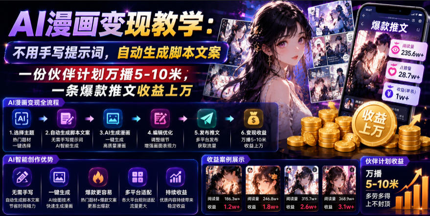 AI漫画变现教学：不用手写提示词，自动生成脚本文案，一份伙伴计划万播5-10米，一条爆款推文收益上W-独家科技资源网