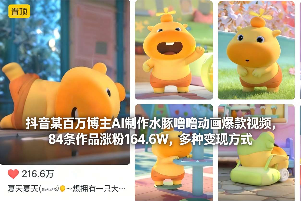 抖音某百万博主AI制作水豚噜噜动画爆款视频,84条作品涨粉164.6W,多种变现方式-独家科技资源网