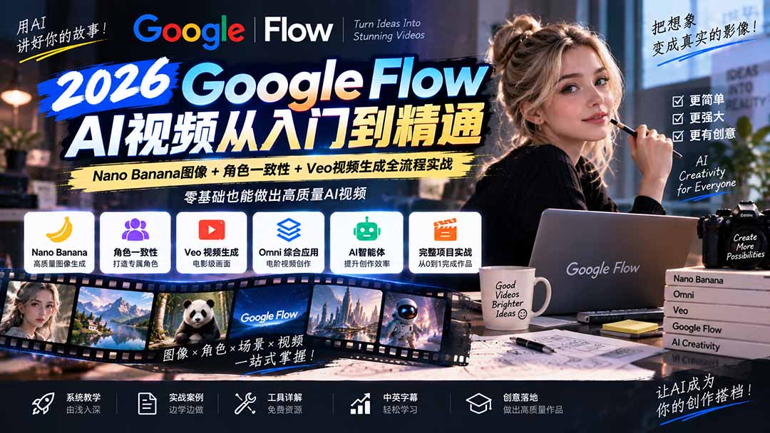 【无水印】Google Flow AI视频从入门到精通:Nano Banana图像+角色一致性+Veo视频生成全流程实战-精翻中英字幕-独家科技资源网