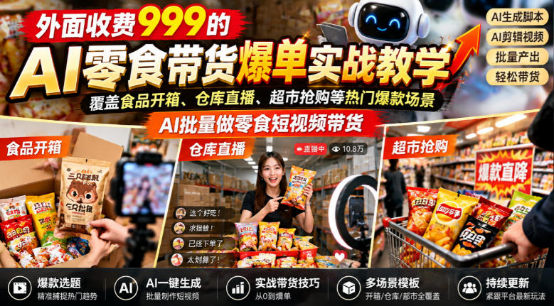 外面收费999的AI零食带货爆单实战教学，覆盖食品开箱、仓库直播、超市抢购等热门爆款场景，AI批量做零食短视频带货-独家科技资源网